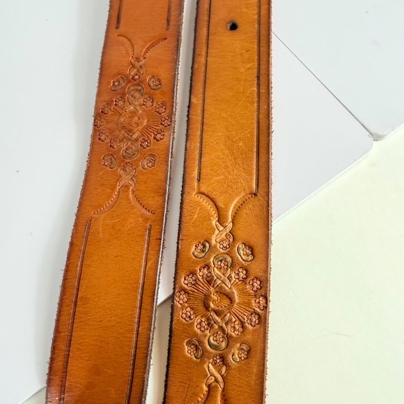 Old Navy Leather Belt Size S Floral Brass Buckle Cognac Brown Embossed VTG Y2K main image 6
